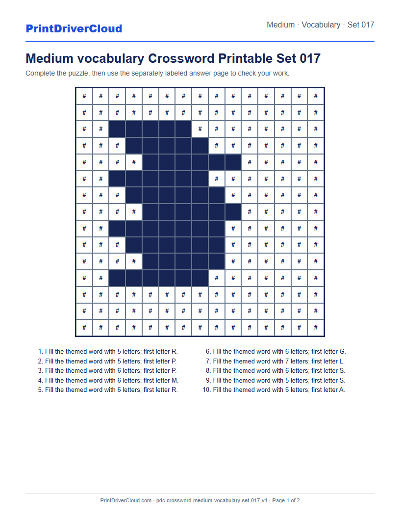 Preview of Medium vocabulary Crossword Printable Set 017