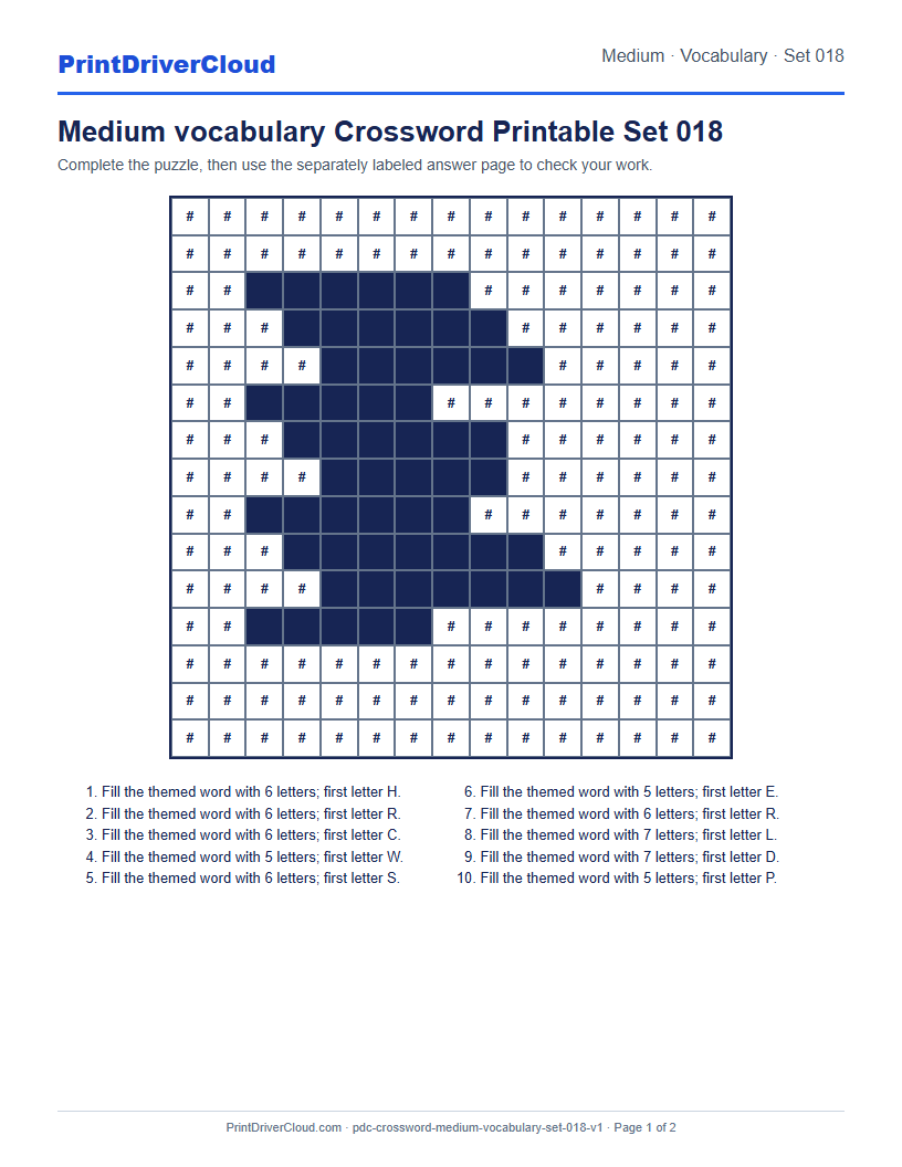 Preview of Medium vocabulary Crossword Printable Set 018