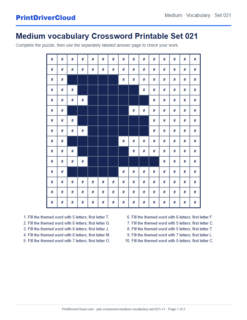 Preview of Medium vocabulary Crossword Printable Set 021