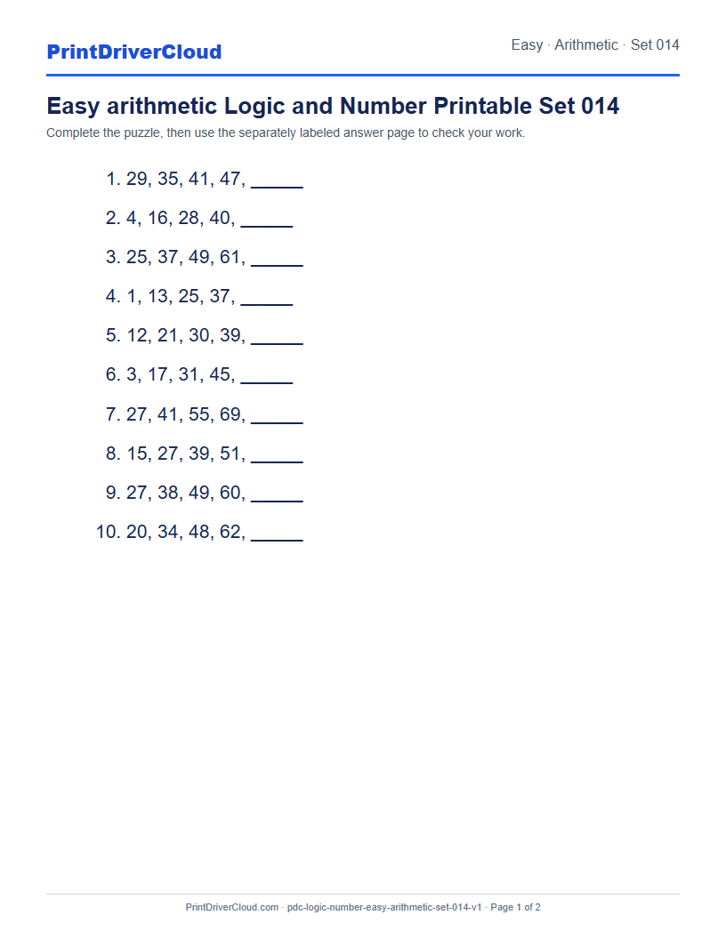 Preview of Easy arithmetic Logic and Number Printable Set 014