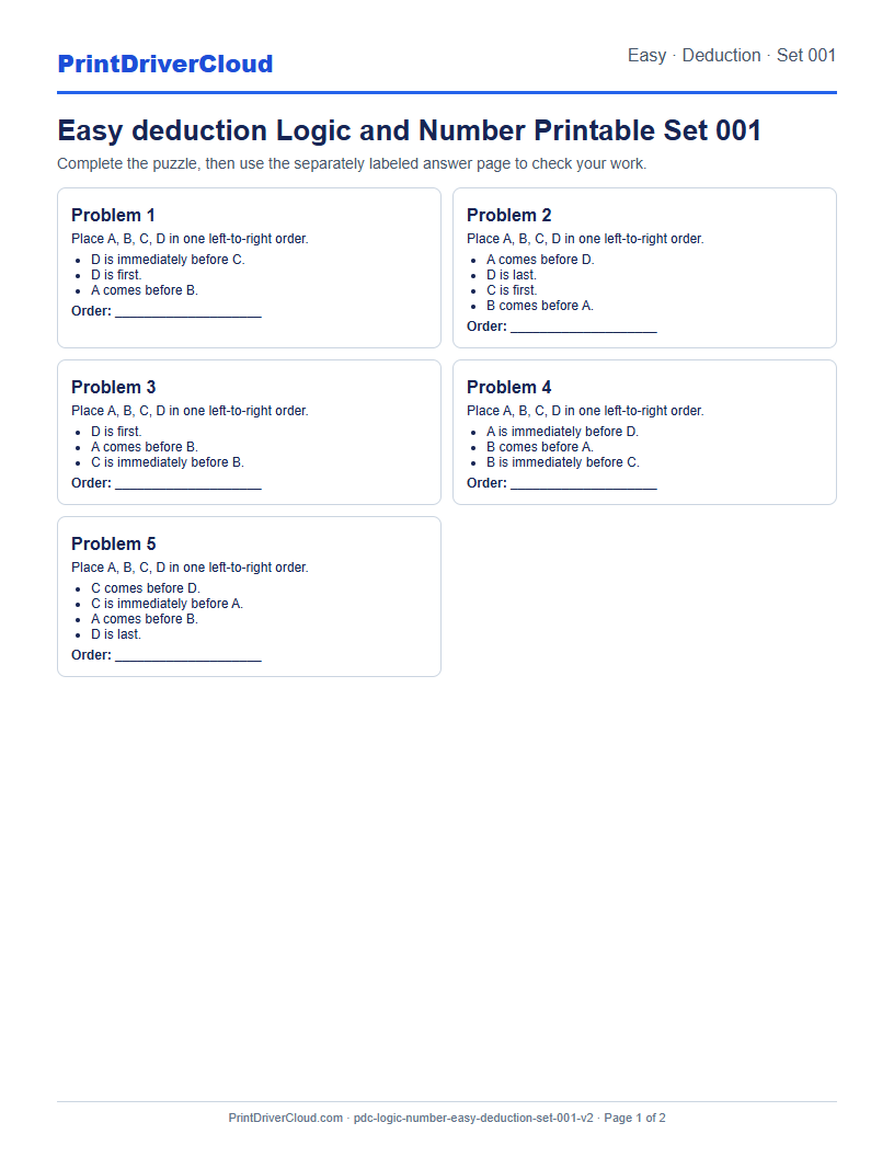Easy Deduction Number Logic Puzzle Printable Set 001 preview