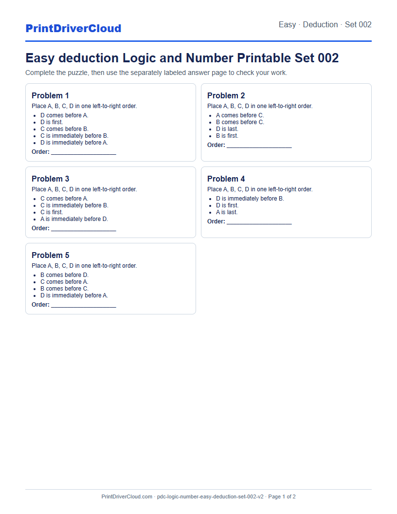 Easy Deduction Number Logic Puzzle Printable Set 002 preview
