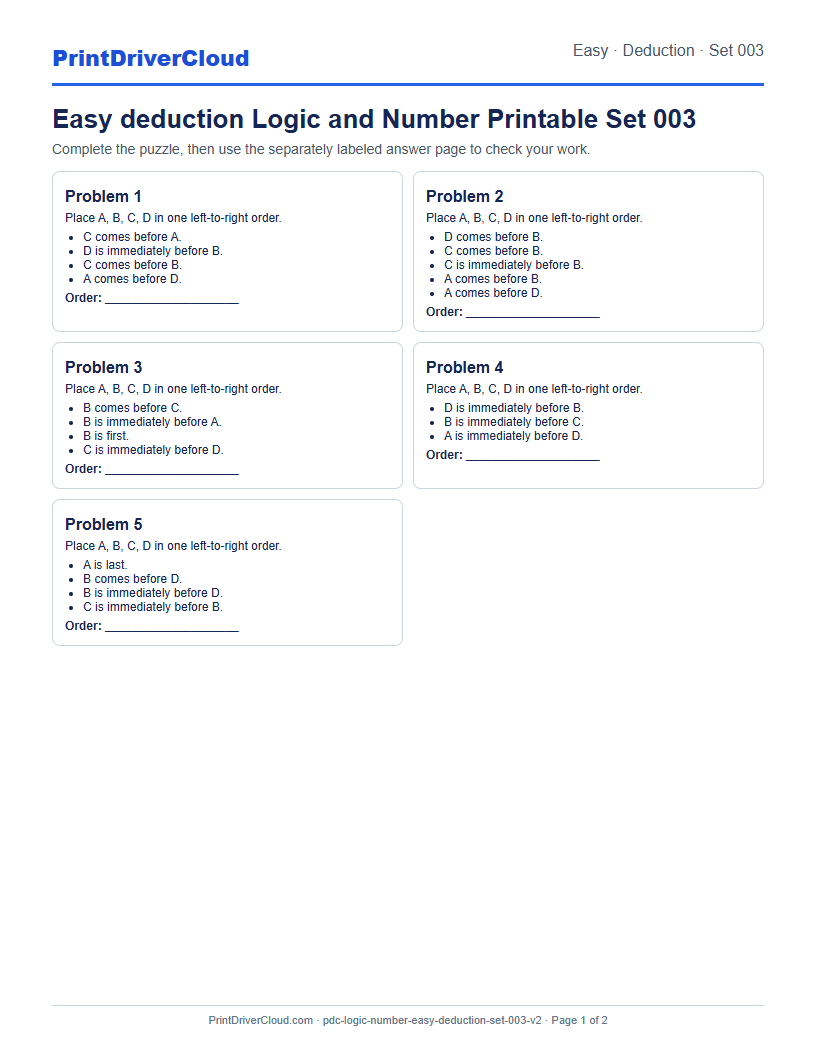 Easy Deduction Number Logic Puzzle Printable Set 003 preview