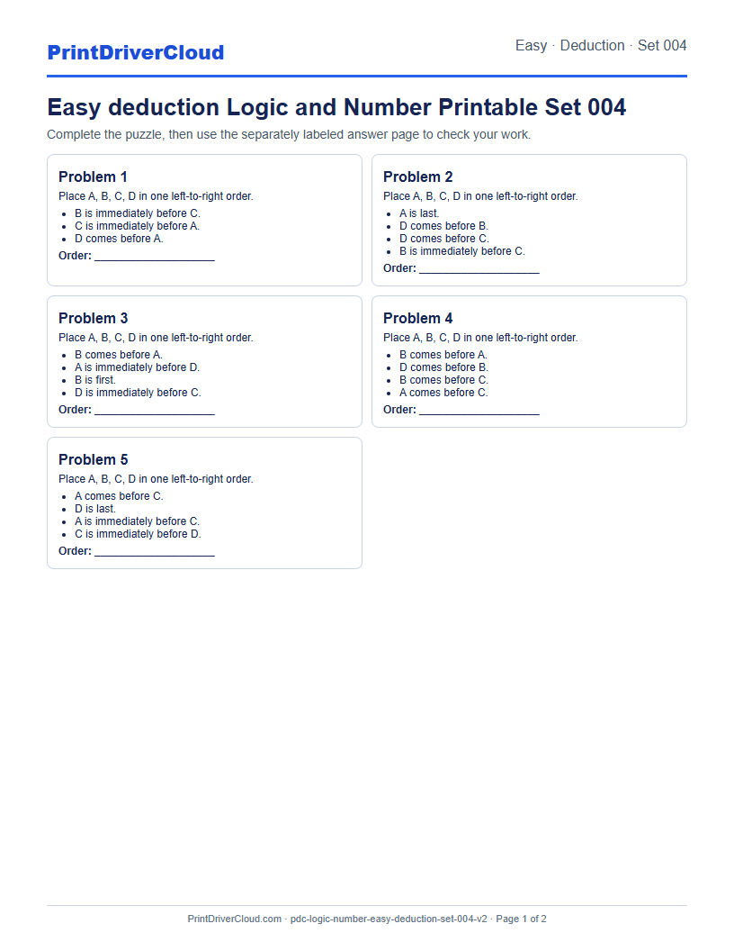 Easy Deduction Number Logic Puzzle Printable Set 004 preview