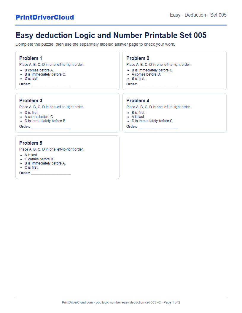 Easy Deduction Number Logic Puzzle Printable Set 005 preview