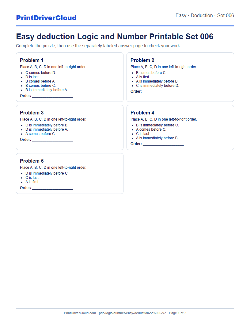 Easy Deduction Number Logic Puzzle Printable Set 006 preview