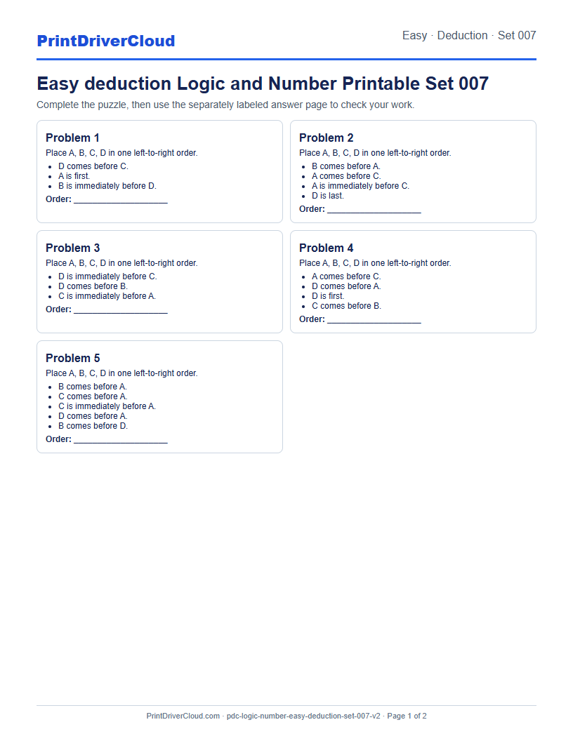 Easy Deduction Number Logic Puzzle Printable Set 007 preview