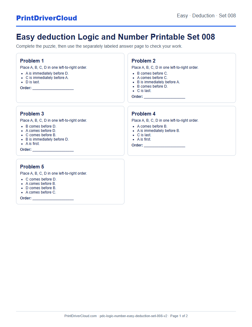 Easy Deduction Number Logic Puzzle Printable Set 008 preview
