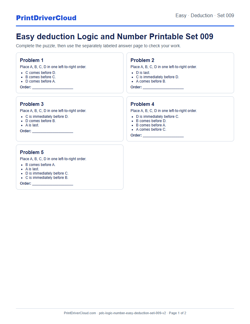 Easy Deduction Number Logic Puzzle Printable Set 009 preview