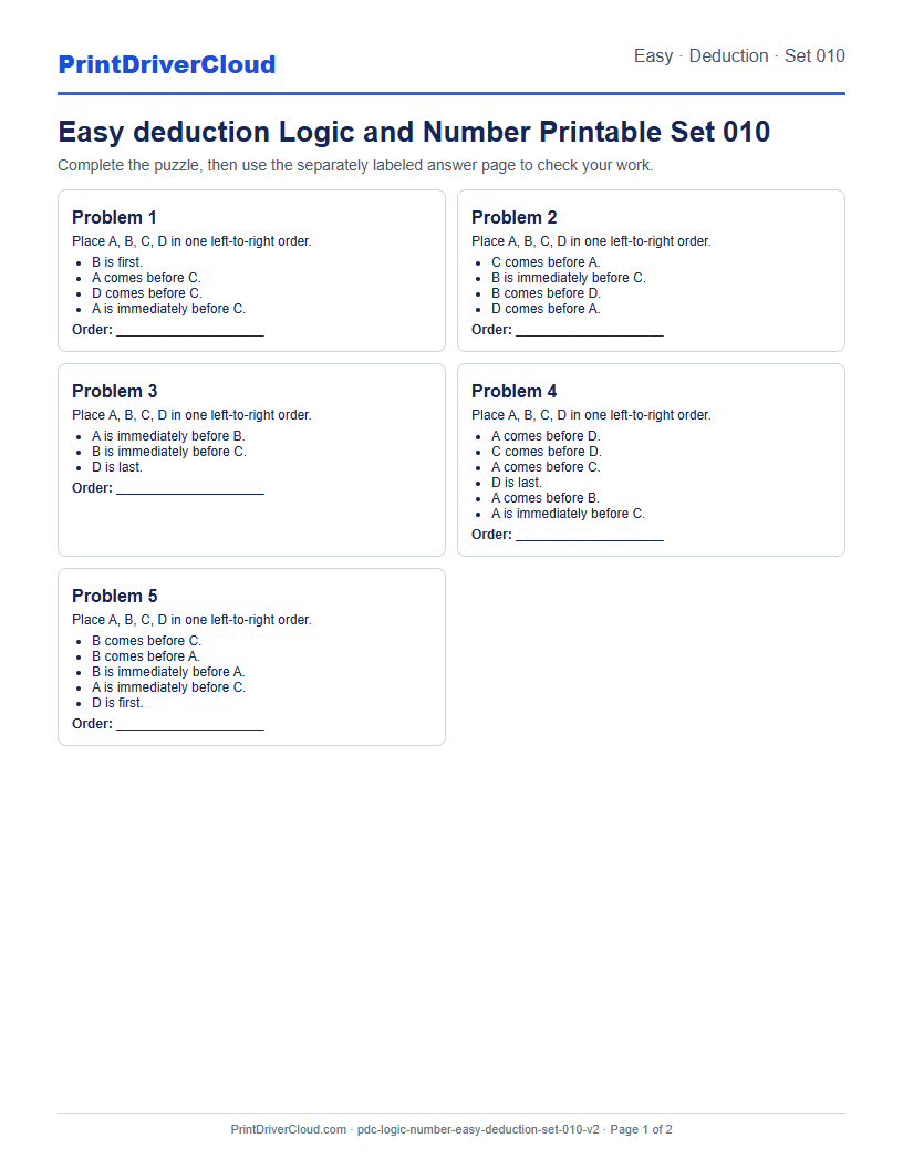 Easy Deduction Number Logic Puzzle Printable Set 010 preview