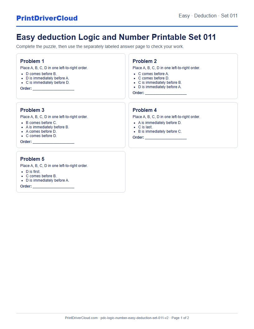 Easy Deduction Number Logic Puzzle Printable Set 011 preview