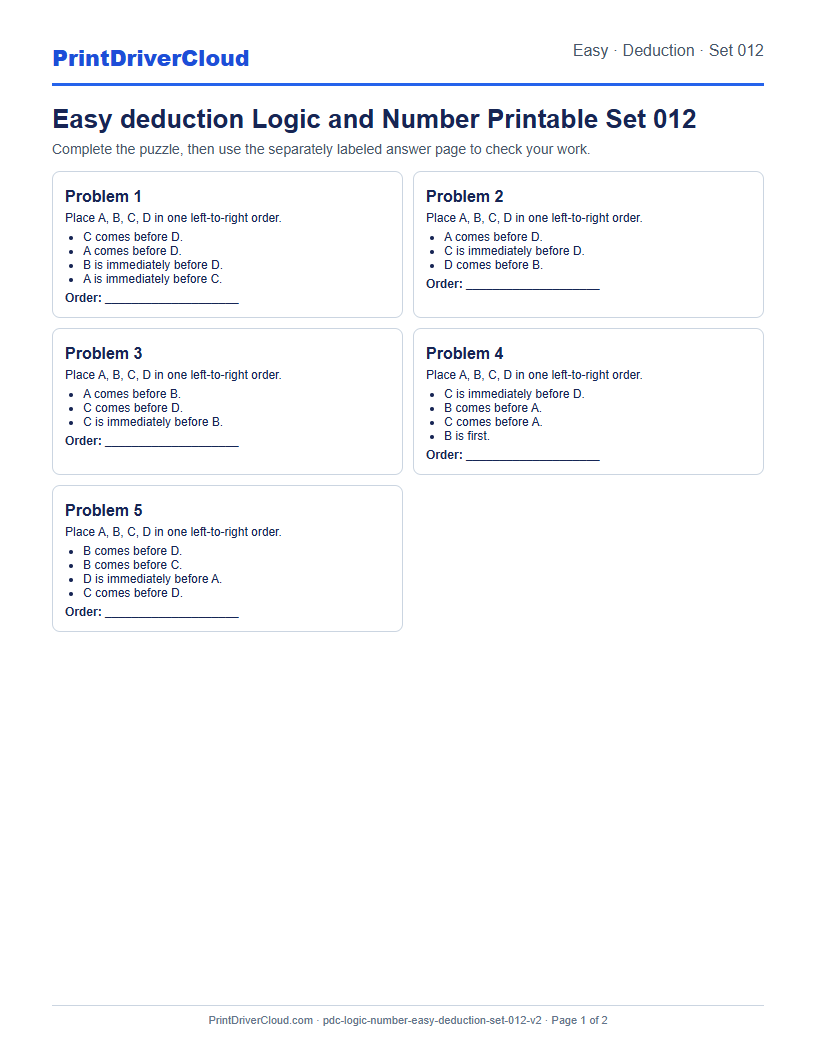 Easy Deduction Number Logic Puzzle Printable Set 012 preview