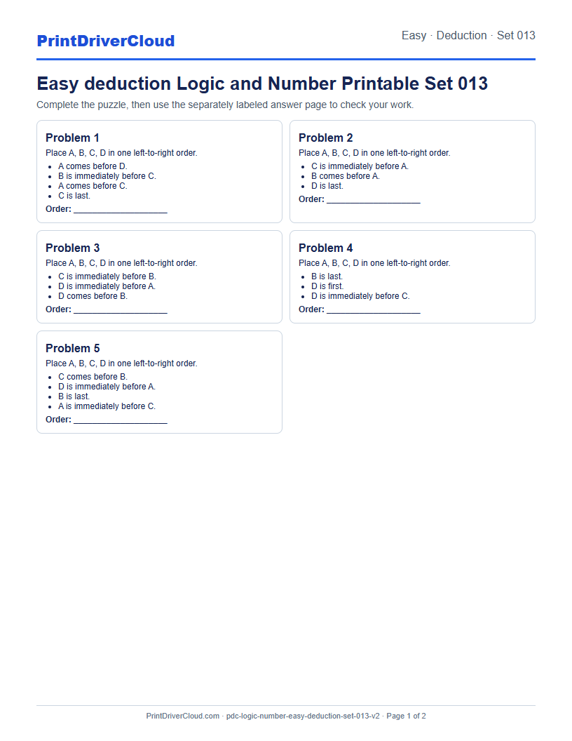 Easy Deduction Number Logic Puzzle Printable Set 013 preview