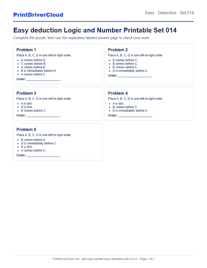 Easy Deduction Number Logic Puzzle Printable Set 014 preview