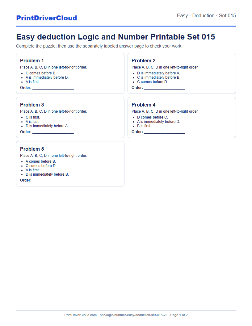 Easy Deduction Number Logic Puzzle Printable Set 015 preview