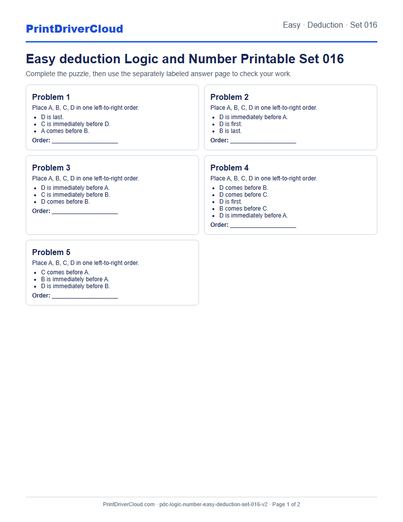 Easy Deduction Number Logic Puzzle Printable Set 016 preview