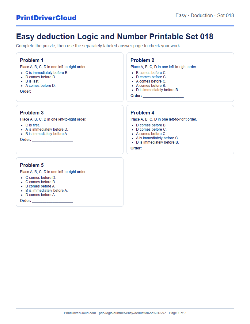 Easy Deduction Number Logic Puzzle Printable Set 018 preview