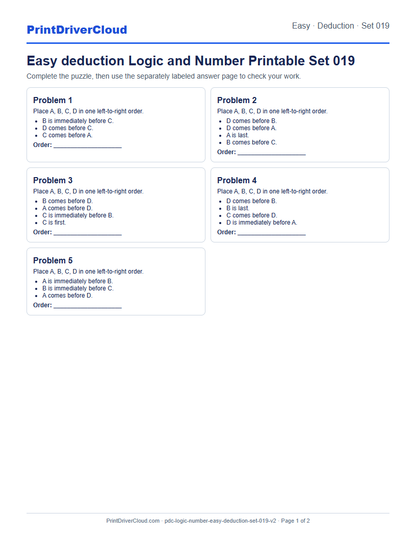 Easy Deduction Number Logic Puzzle Printable Set 019 preview