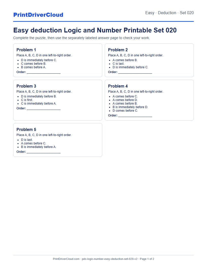 Easy Deduction Number Logic Puzzle Printable Set 020 preview