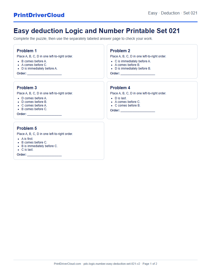 Easy Deduction Number Logic Puzzle Printable Set 021 preview