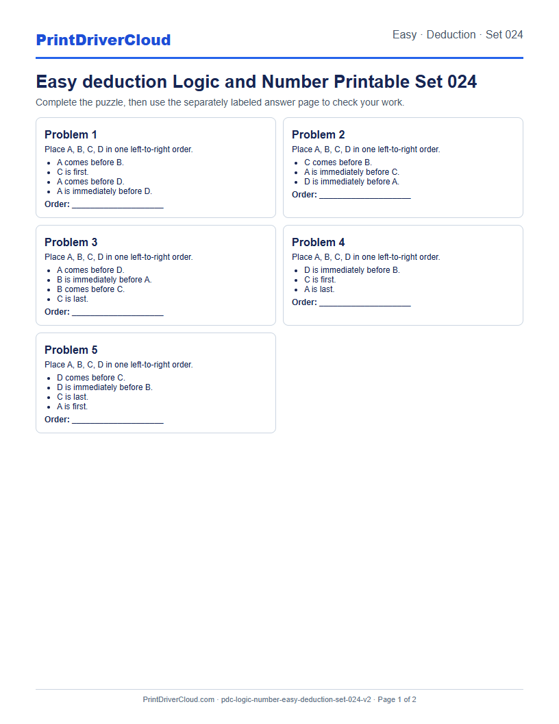 Easy Deduction Number Logic Puzzle Printable Set 024 preview