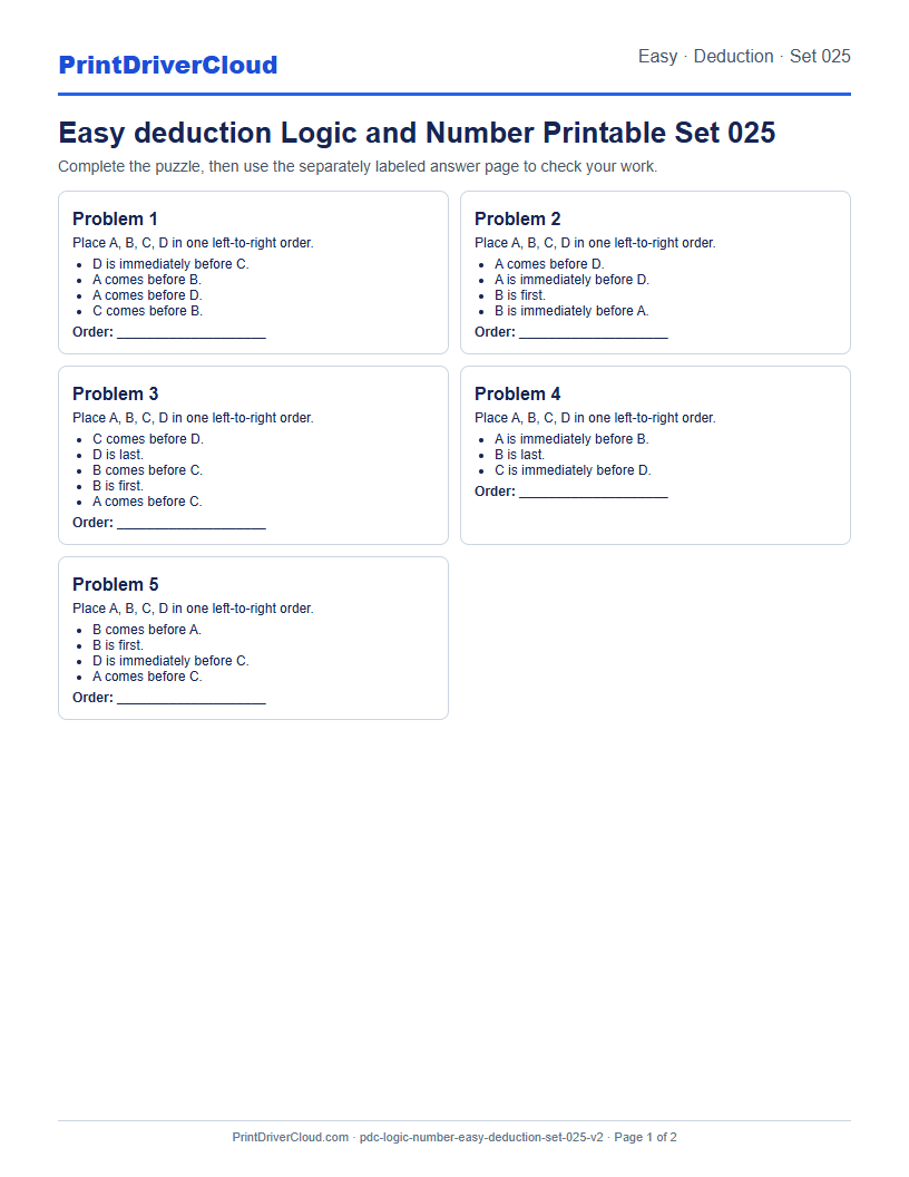Easy Deduction Number Logic Puzzle Printable Set 025 preview