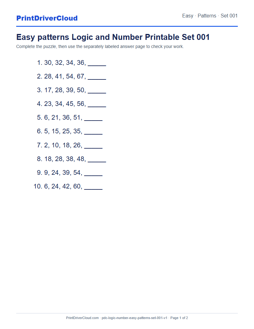 Preview of Easy patterns Logic and Number Printable Set 001