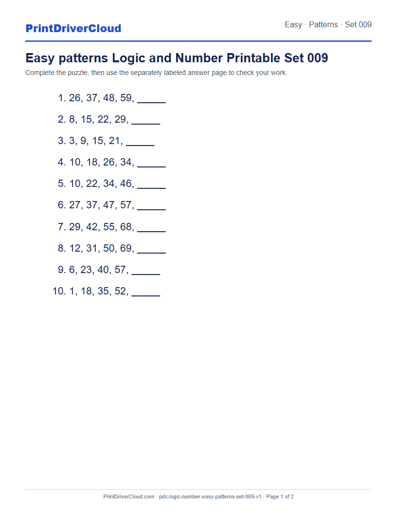 Preview of Easy patterns Logic and Number Printable Set 009