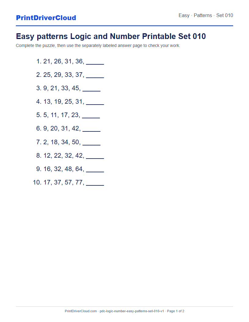 Preview of Easy patterns Logic and Number Printable Set 010