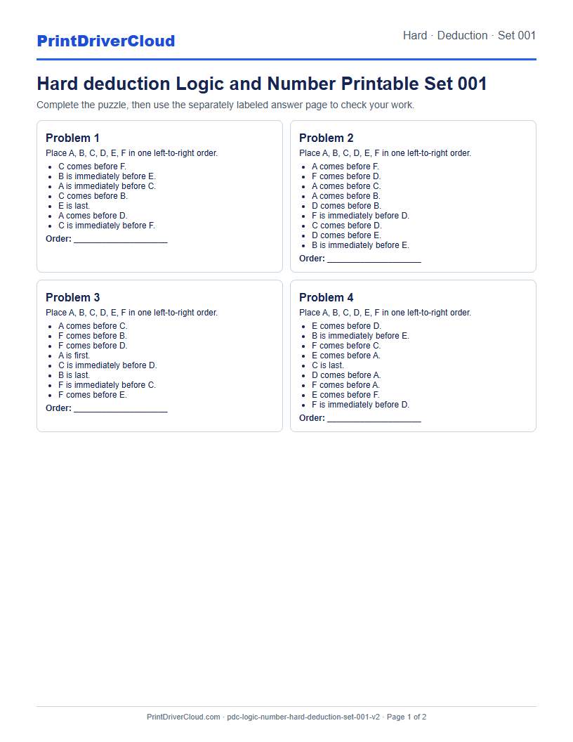 Hard Deduction Number Logic Puzzle Printable Set 001 preview