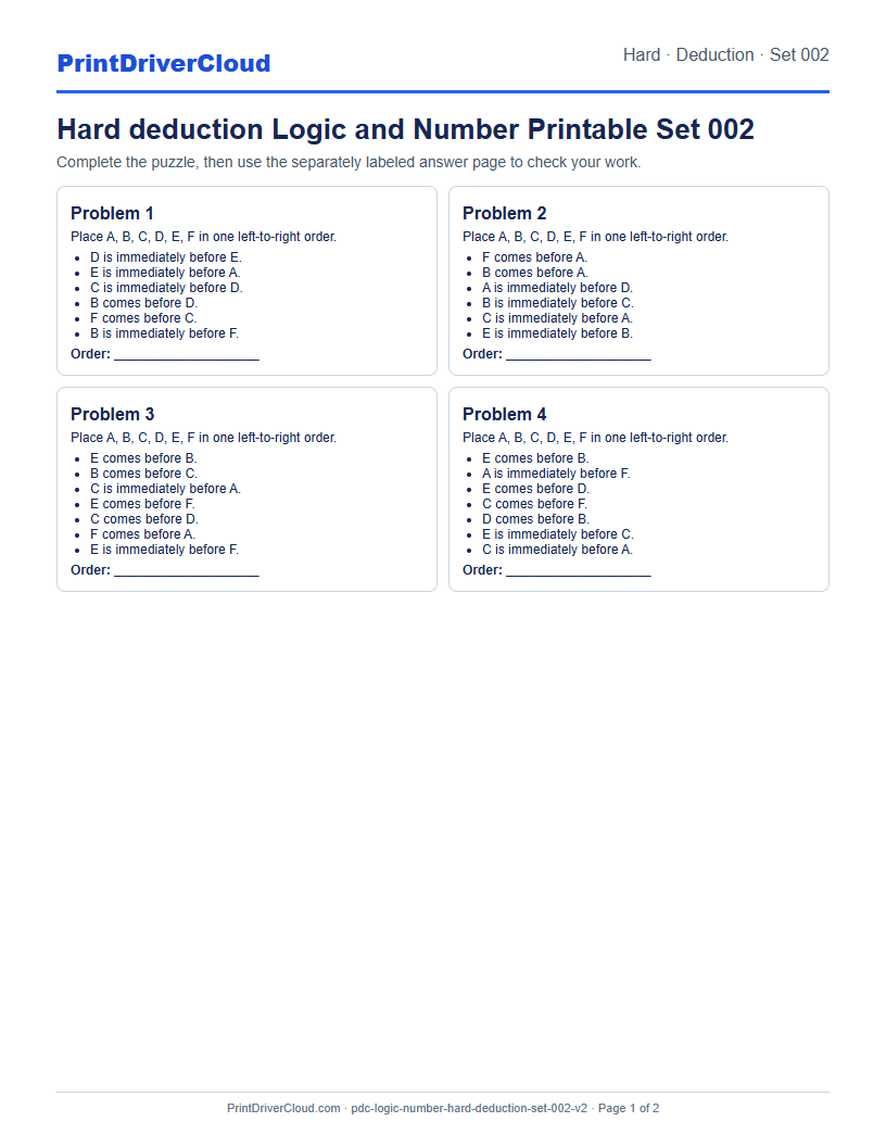 Hard Deduction Number Logic Puzzle Printable Set 002 preview