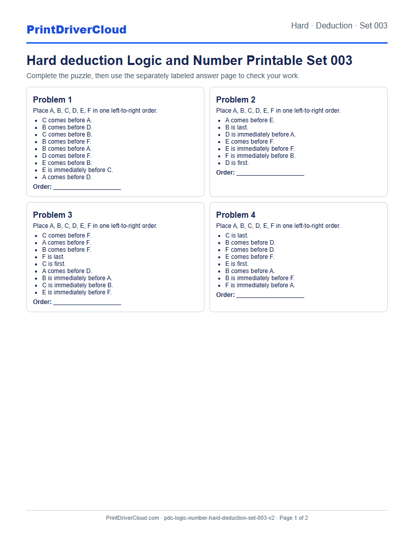 Hard Deduction Number Logic Puzzle Printable Set 003 preview