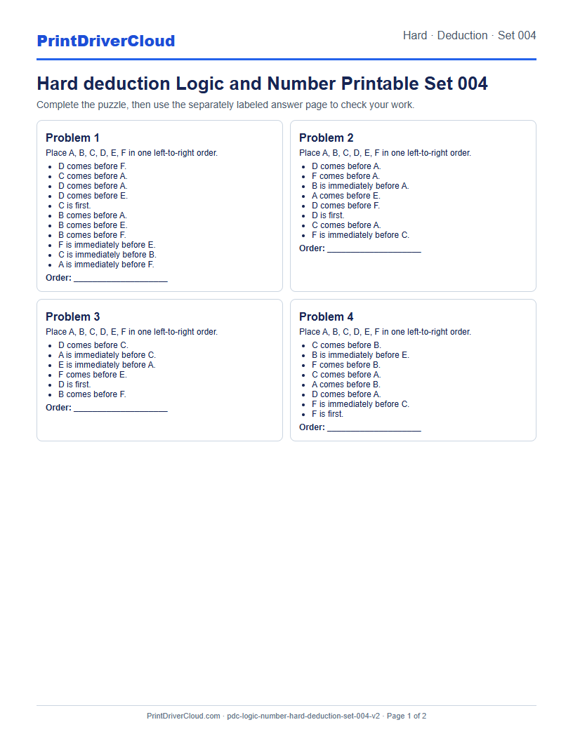Hard Deduction Number Logic Puzzle Printable Set 004 preview