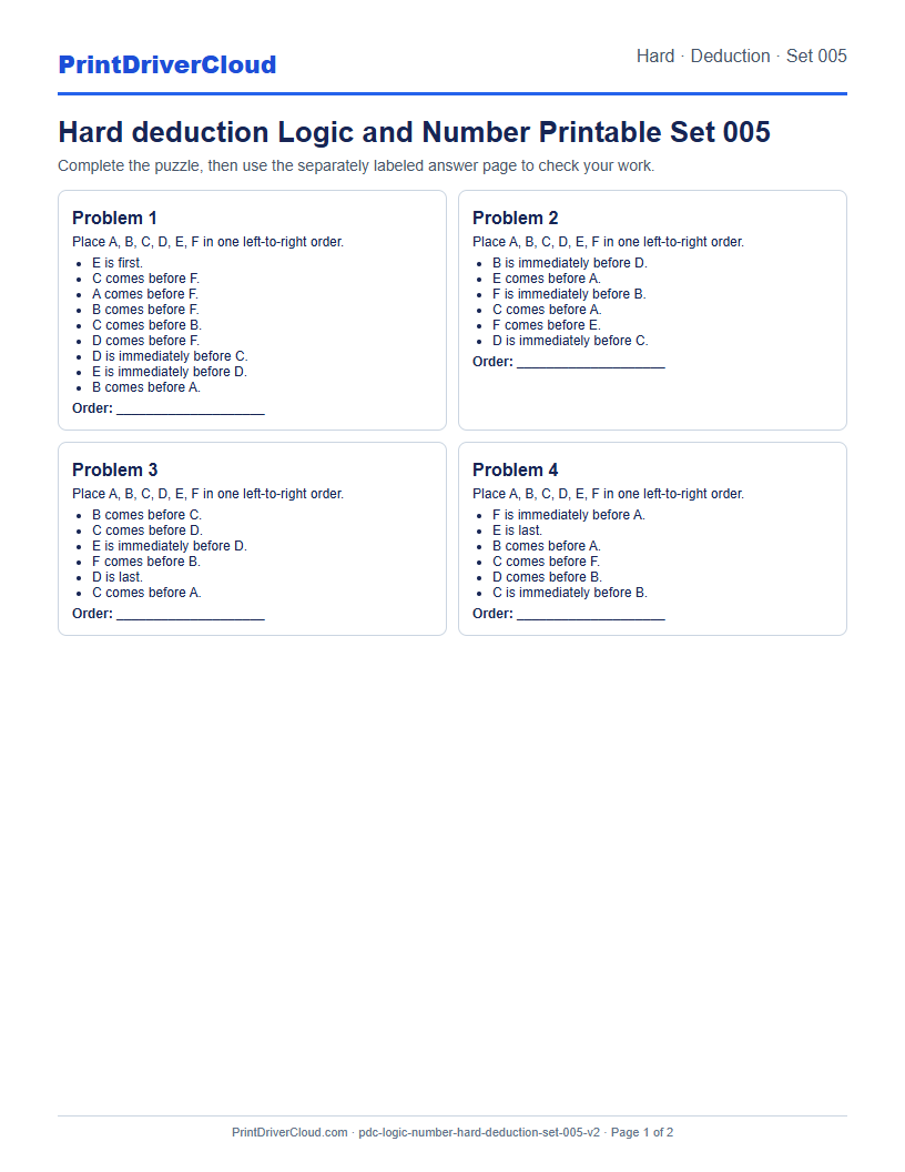 Hard Deduction Number Logic Puzzle Printable Set 005 preview