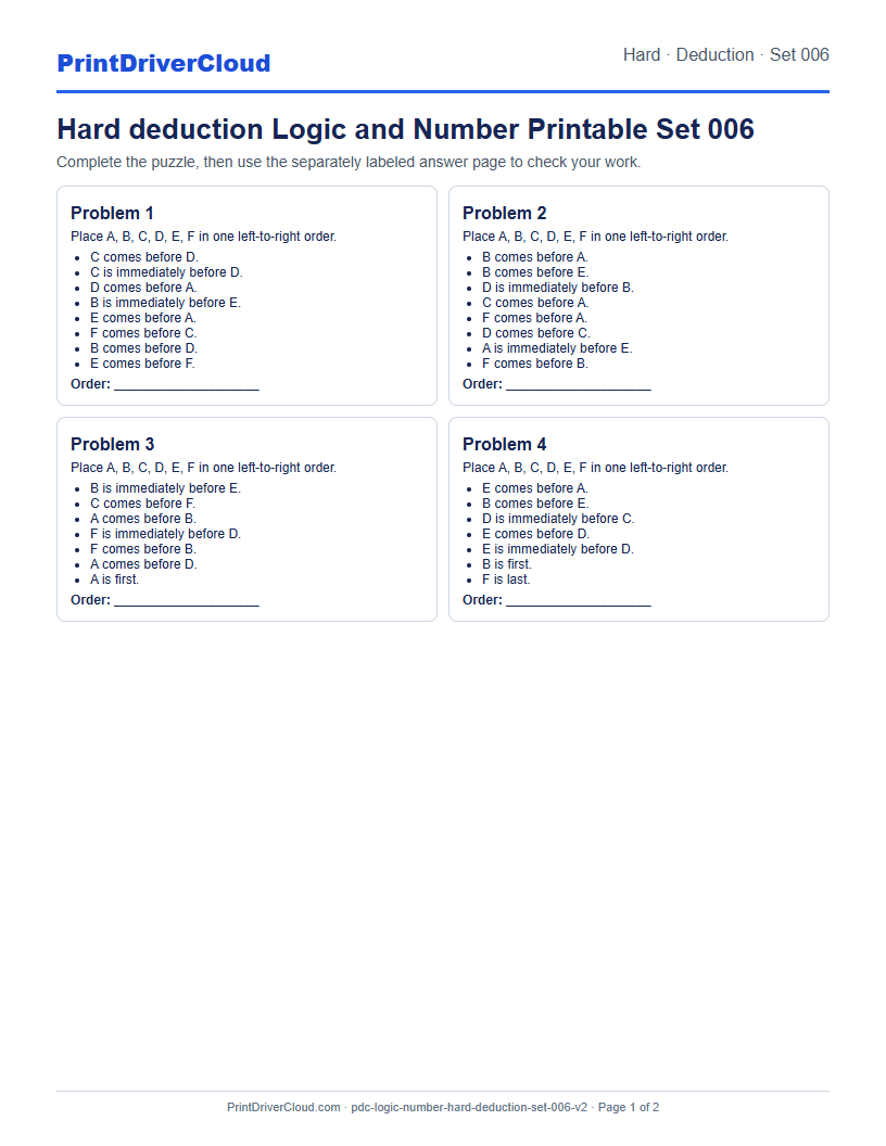 Hard Deduction Number Logic Puzzle Printable Set 006 preview