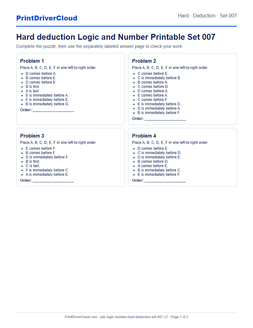Hard Deduction Number Logic Puzzle Printable Set 007 preview