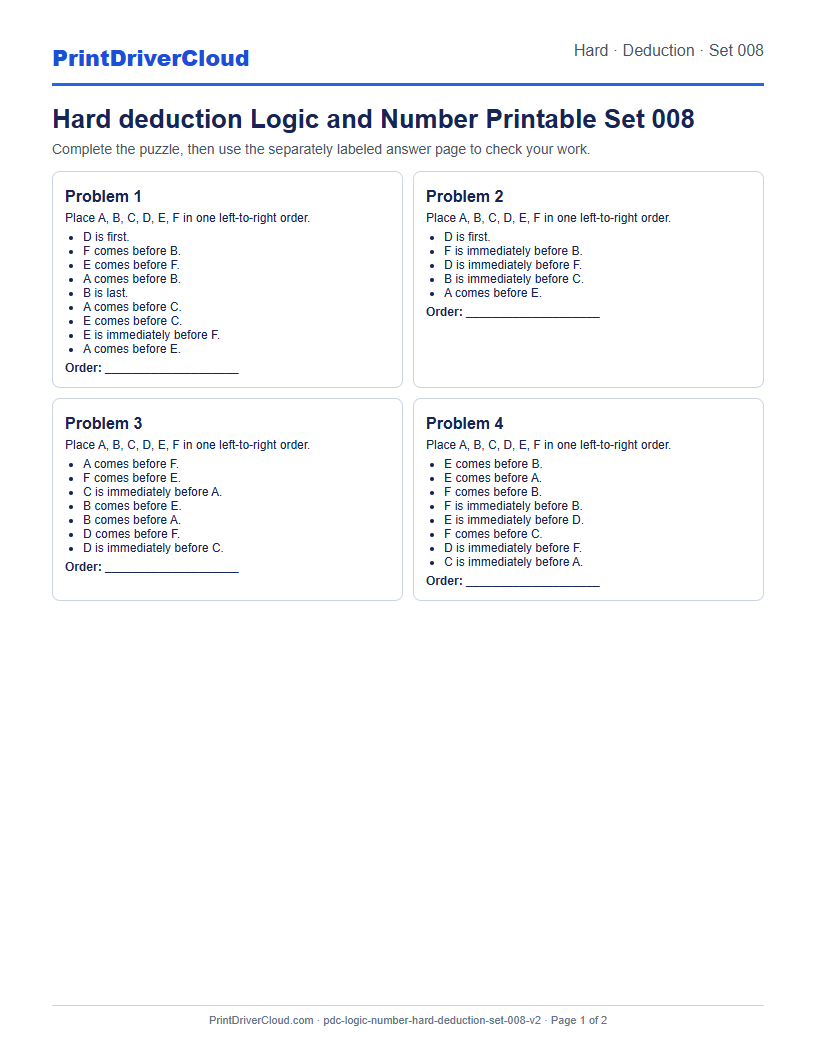 Hard Deduction Number Logic Puzzle Printable Set 008 preview