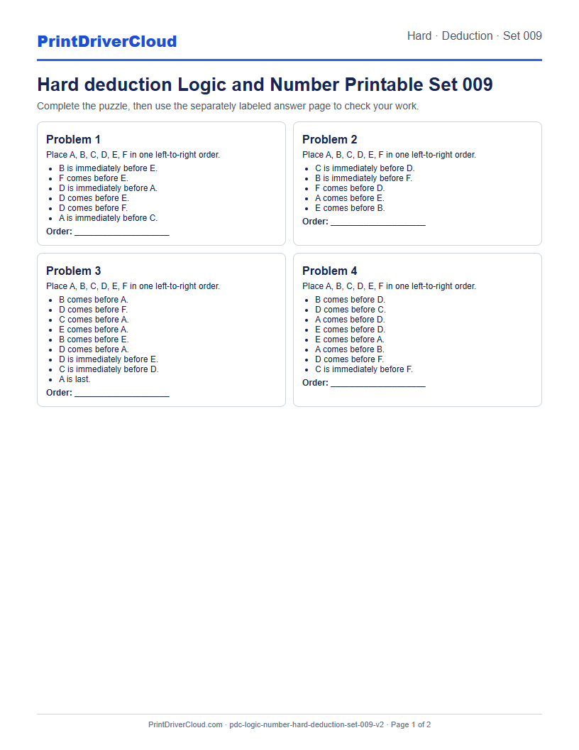 Hard Deduction Number Logic Puzzle Printable Set 009 preview