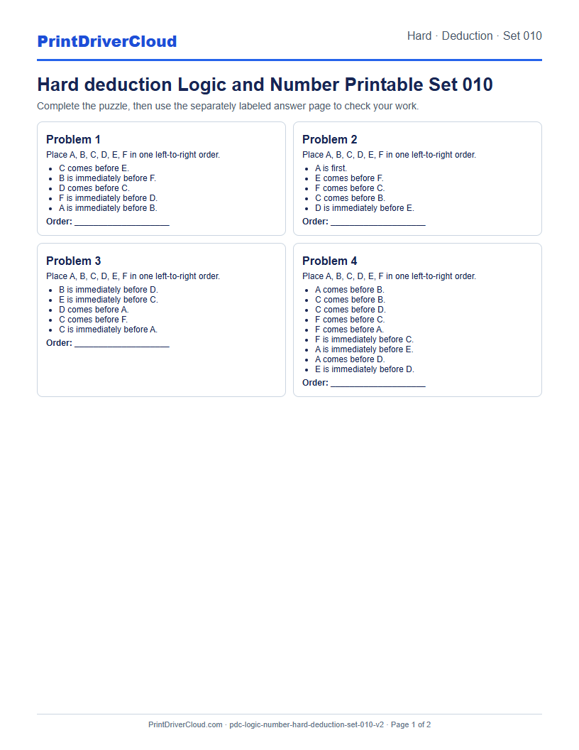 Hard Deduction Number Logic Puzzle Printable Set 010 preview