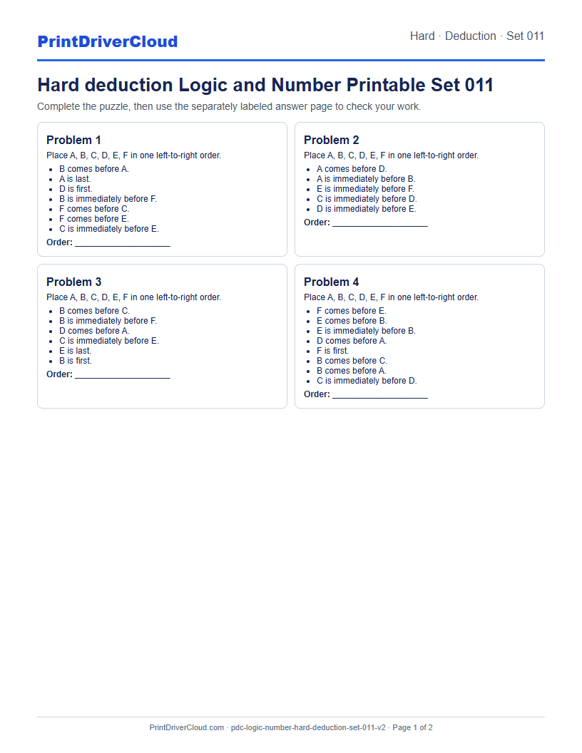 Hard Deduction Number Logic Puzzle Printable Set 011 preview
