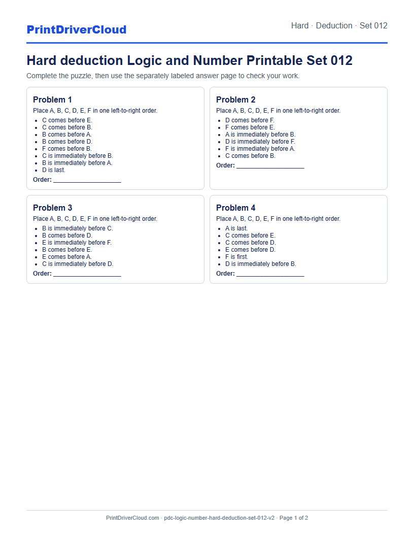 Hard Deduction Number Logic Puzzle Printable Set 012 preview