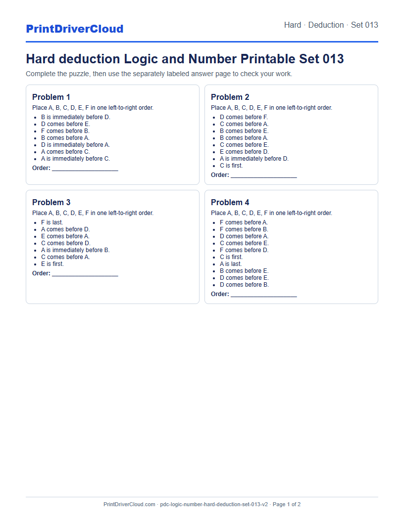 Hard Deduction Number Logic Puzzle Printable Set 013 preview