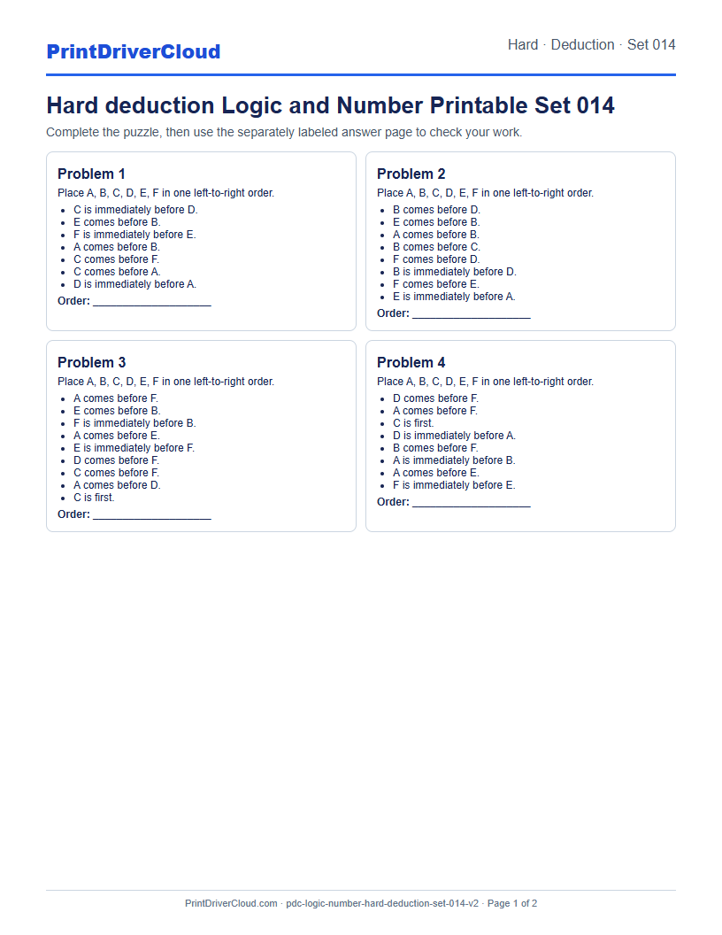 Hard Deduction Number Logic Puzzle Printable Set 014 preview