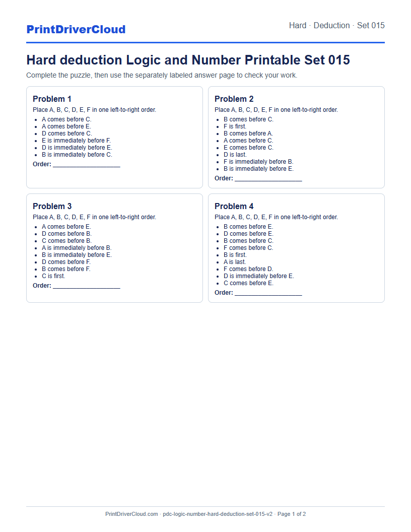 Hard Deduction Number Logic Puzzle Printable Set 015 preview