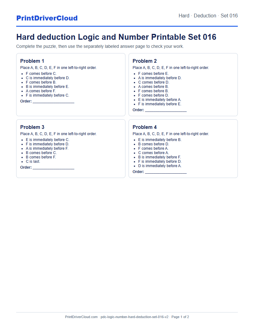 Hard Deduction Number Logic Puzzle Printable Set 016 preview