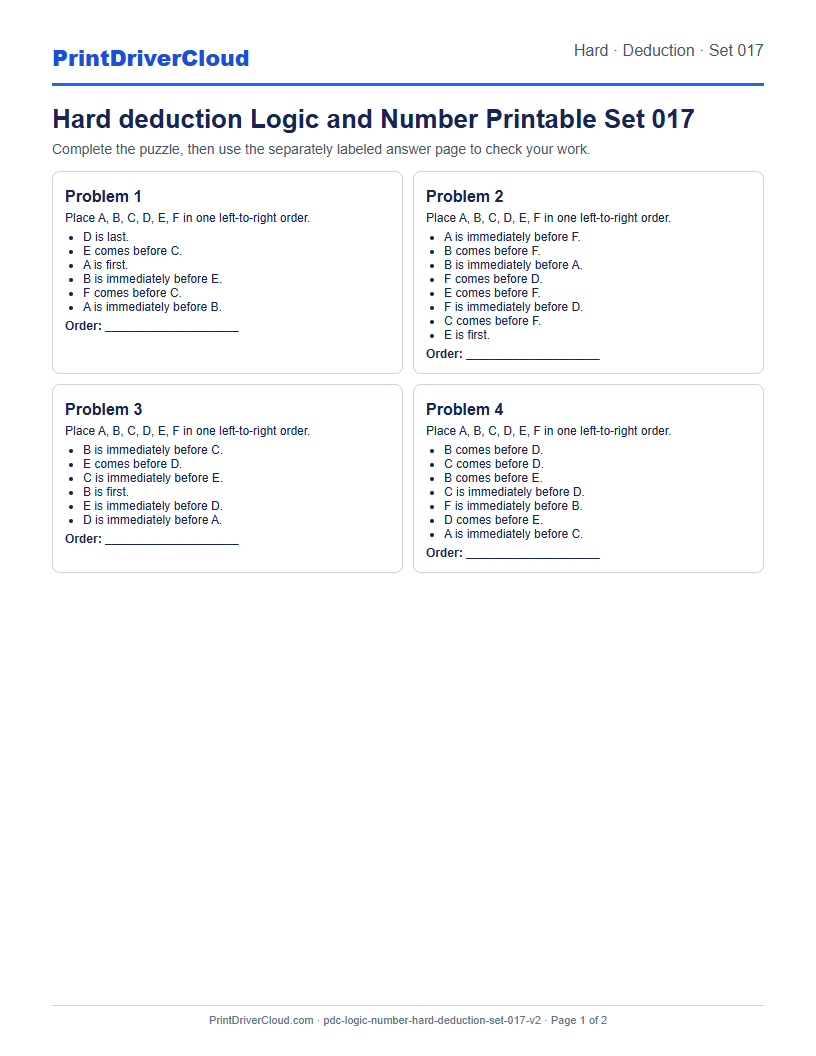 Hard Deduction Number Logic Puzzle Printable Set 017 preview