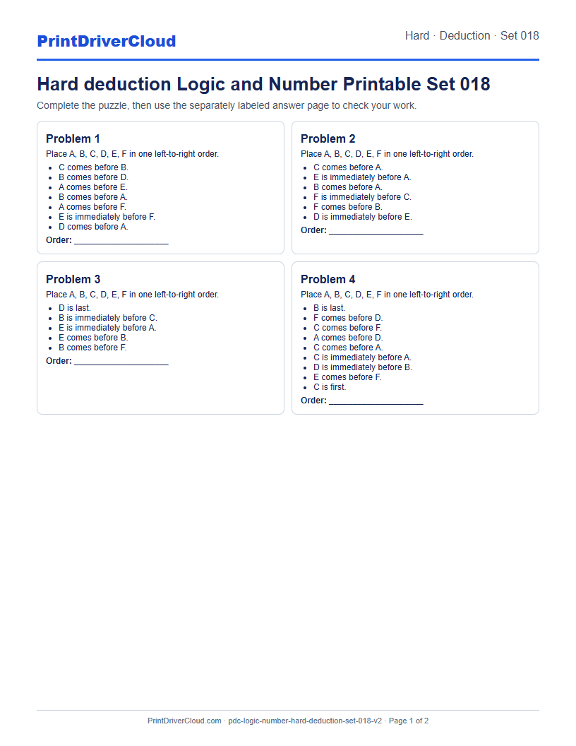 Hard Deduction Number Logic Puzzle Printable Set 018 preview