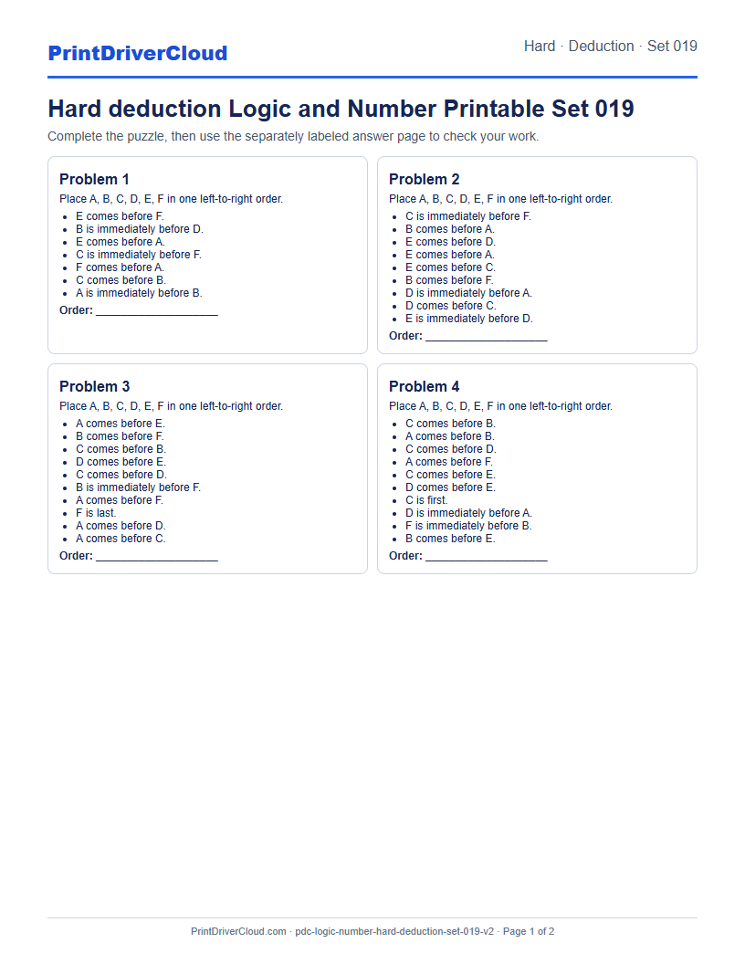Hard Deduction Number Logic Puzzle Printable Set 019 preview