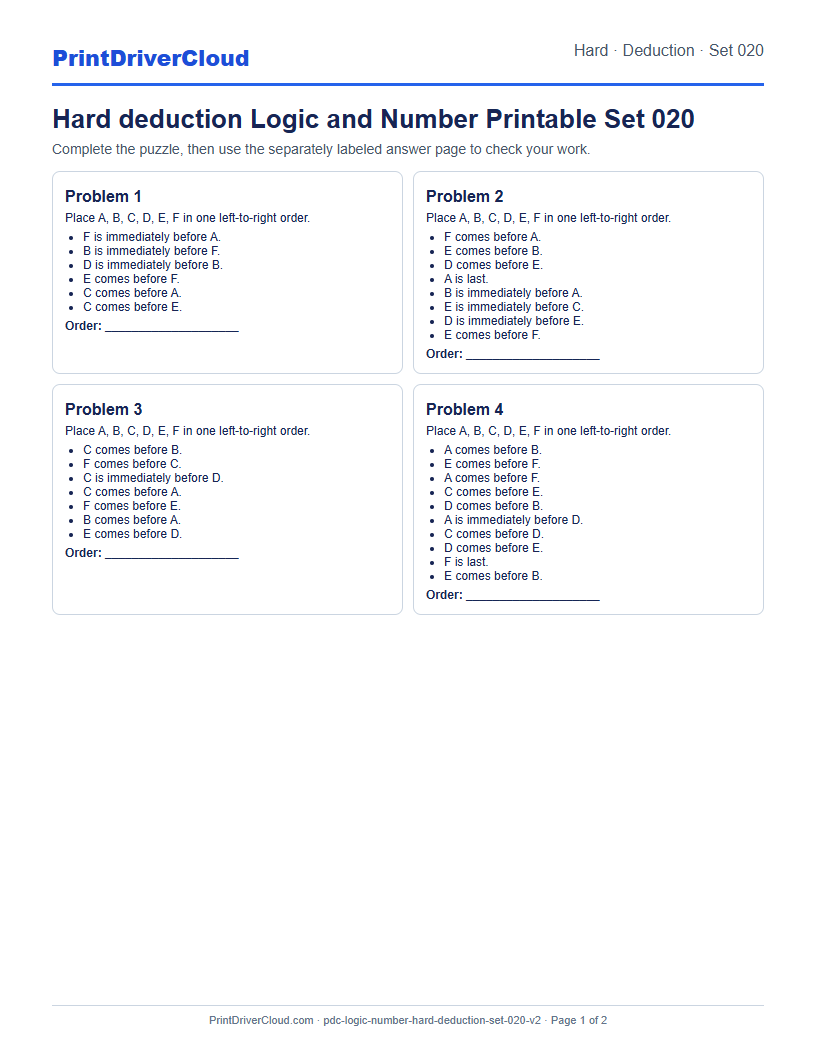 Hard Deduction Number Logic Puzzle Printable Set 020 preview