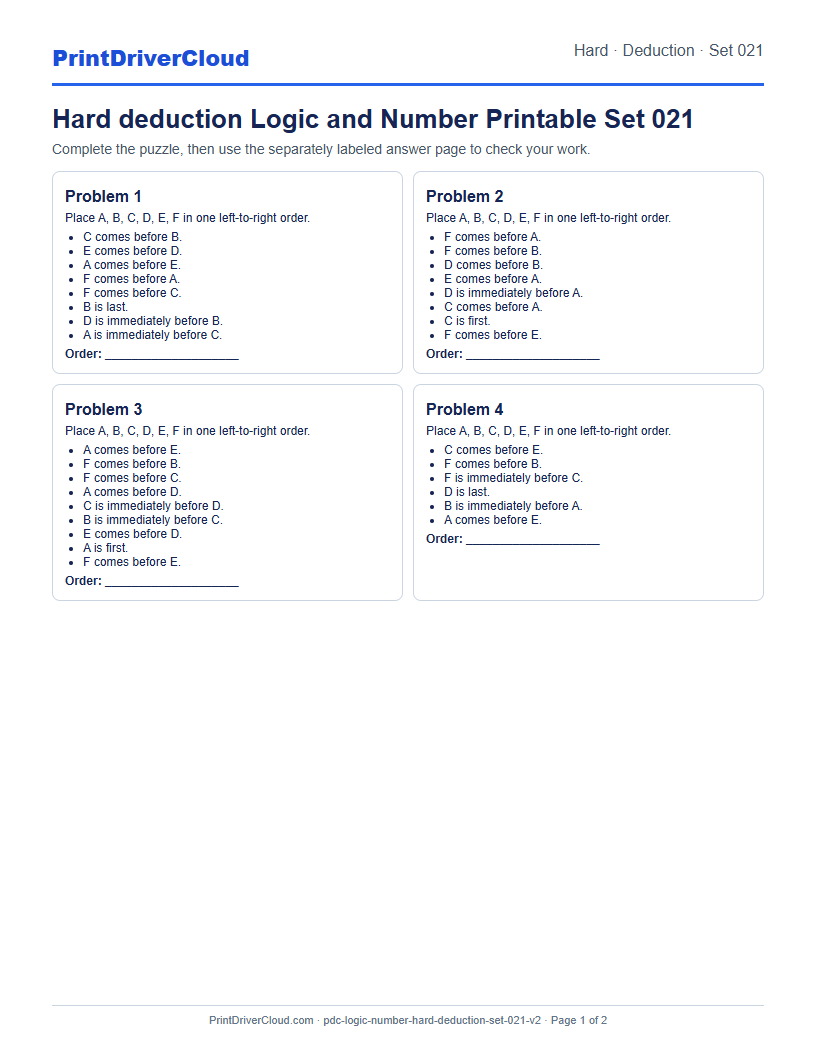 Hard Deduction Number Logic Puzzle Printable Set 021 preview